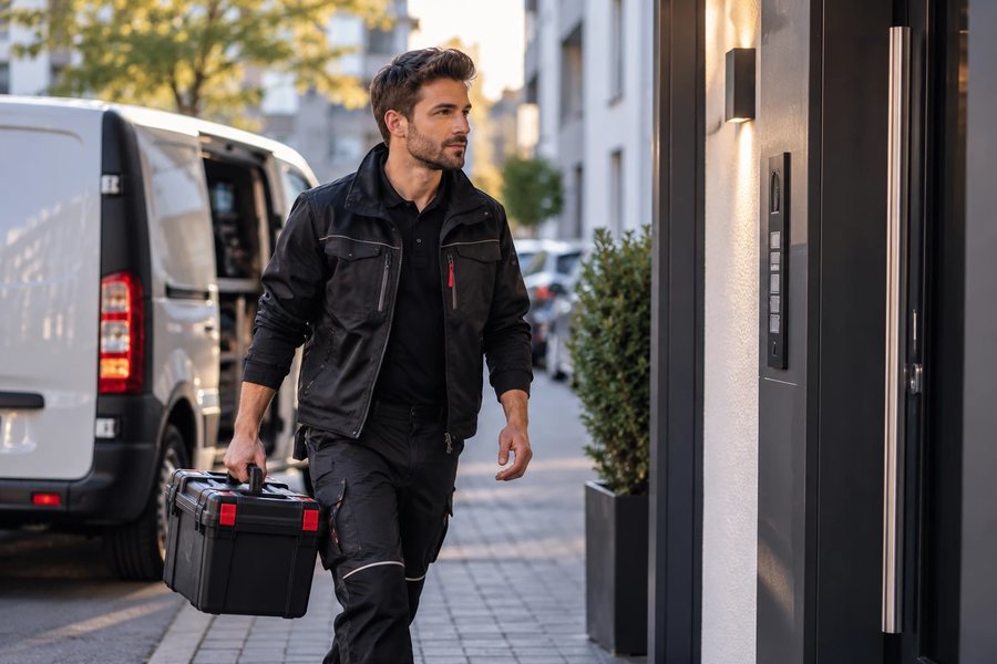 Monteur mit Werkzeugkoffer geht vom Servicefahrzeug zur Haustür des Kunden in Hannover