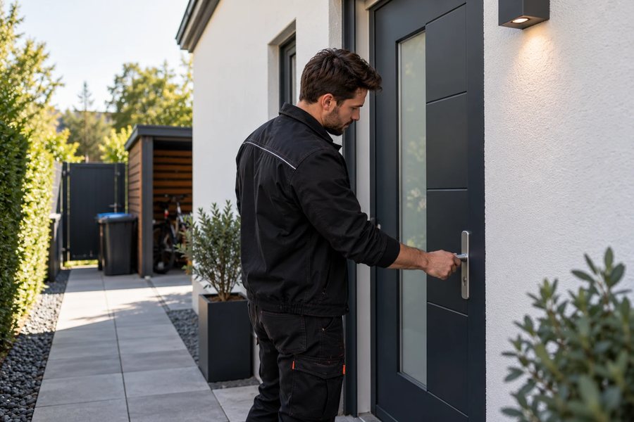 Monteur prüft die Nebeneingangstür an der Hausseite neben Carport und Gartentor