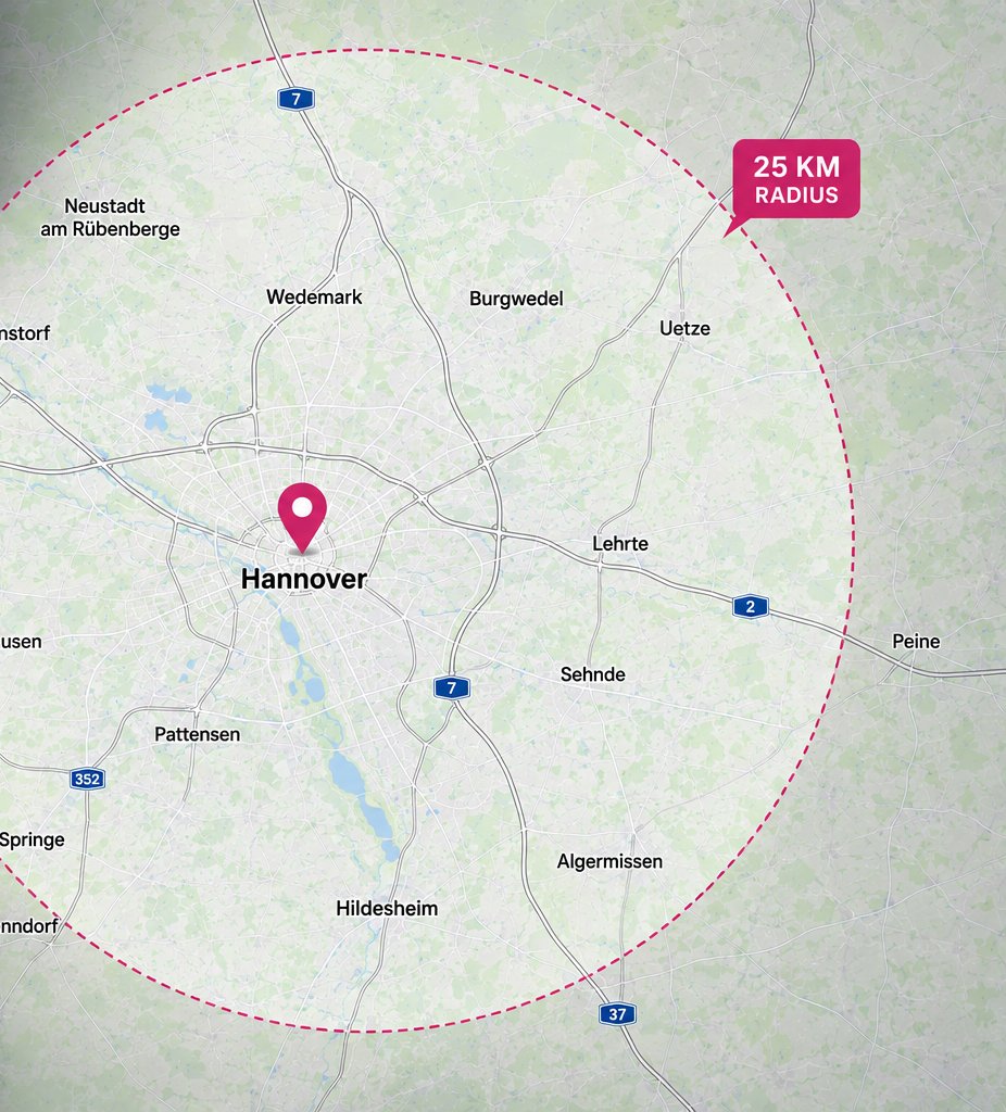 Karte mit 25-km-Einsatzradius rund um Hannover