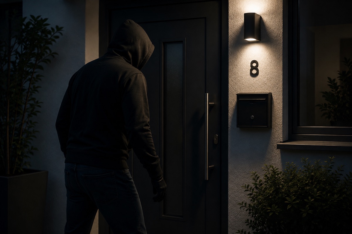 Einbrecher versucht nachts, eine Haustür zu öffnen, Einbruchschutz schützt Ihr Zuhause