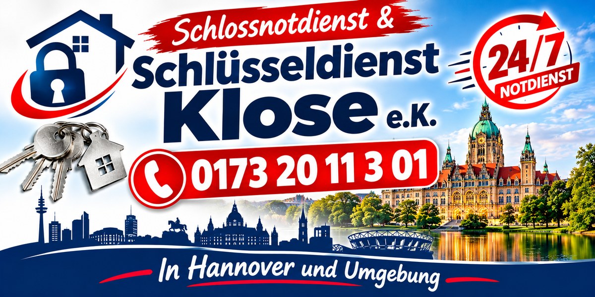 Schlossnotdienst und Schlüsseldienst Klose e.K. in Hannover und Umgebung, 24/7 Notdienst unter 0173 201 13 01, mit Skyline von Hannover und Neuem Rathaus